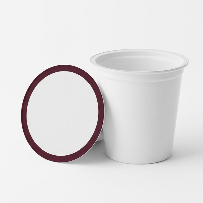White kcup on a white background with no lid. Leaning up against it should be a kcup lid that is white in the center and has a dark marron outline on the edge